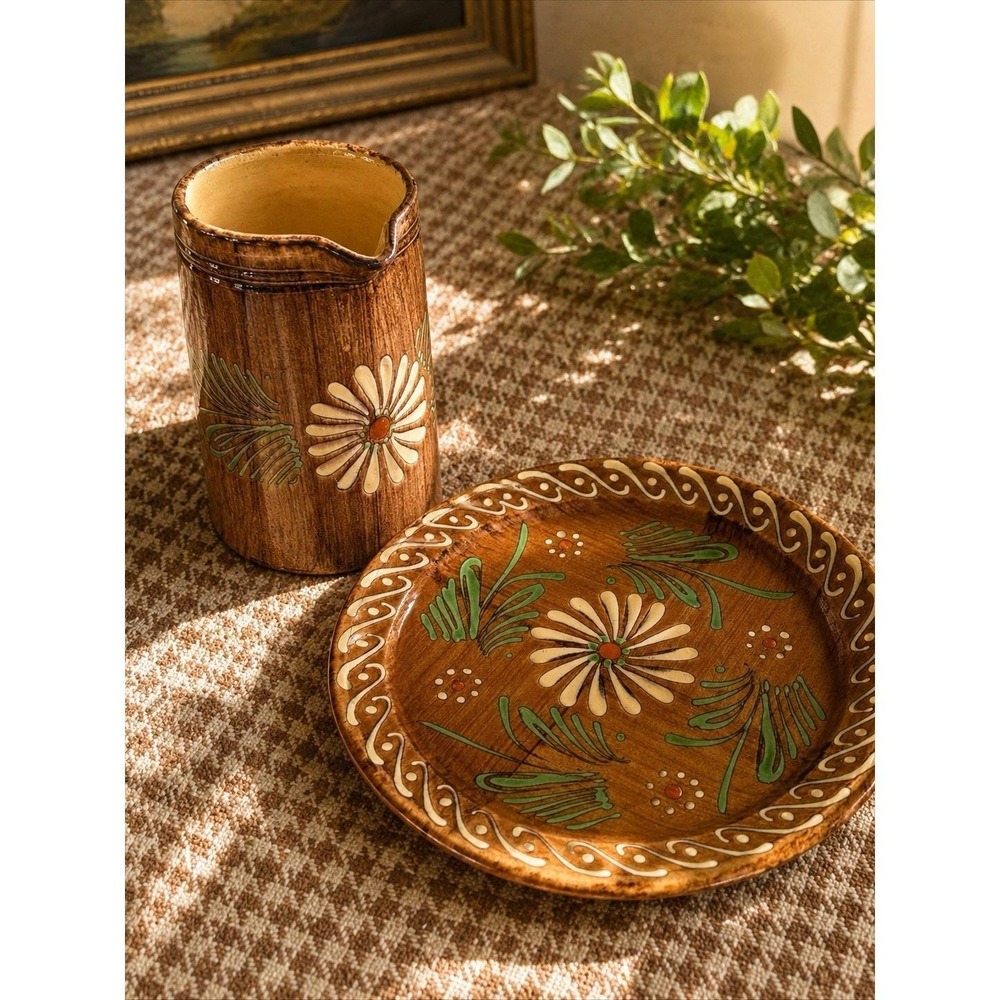 VTG French Soufflenheim Alsace Pottery Faux Bois Daisy Pitcher & Plate Cottage